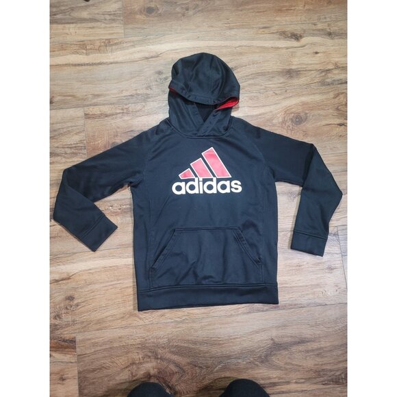 Adidas Youth Hoodie Black Red Logo Pullover Sweatshirt Size M 10/12 - Picture 2 of 7